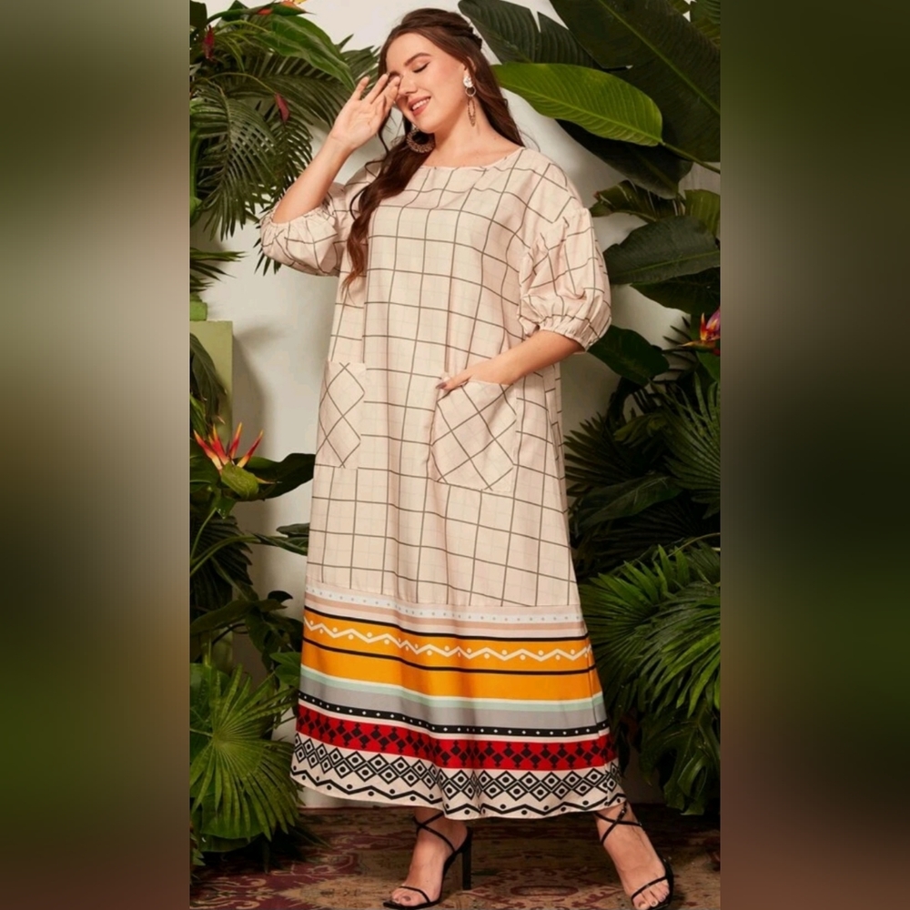 Casual Cream & BOTTOM Pattern Dress with Pockets